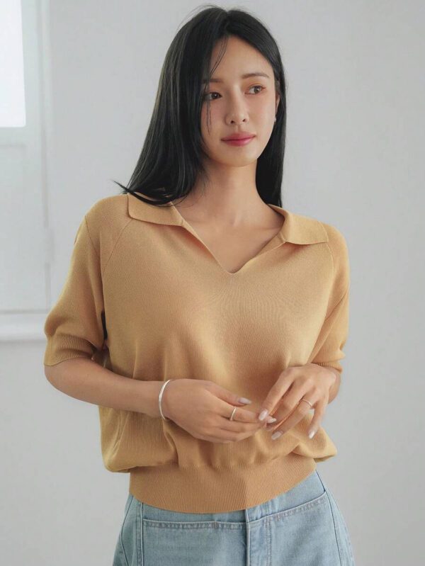 Dazy-Less Top tricoté ample de couleur jaune crème, simple et décontracté. Élégant pour le bureau, manches courtes, pour le printemps et l'été. Tenue pour enseignante – Image 9