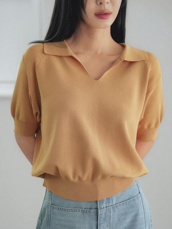 Dazy-Less Top tricoté ample de couleur jaune crème, simple et décontracté. Élégant pour le bureau, manches courtes, pour le printemps et l'été. Tenue pour enseignante – Image 10