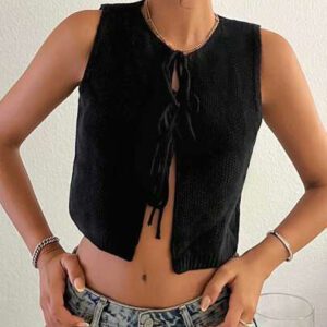 SHEIN EZwear Cardigan tricoté casual à nouer devant, printemps/été, crop top noir