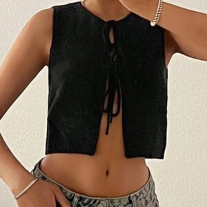 SHEIN EZwear Cardigan tricoté casual à nouer devant, printemps/été, crop top noir