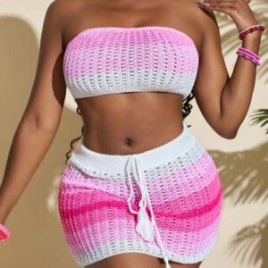 Slaydiva 2 pièces Femmes Ensemble top court bustier tricoté patchwork sexy et mini-jupe ajustée