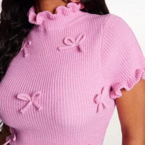 Radiana Robe pull classique à manches courtes avec col montant et décoration en nœud, de couleur unie pour femmes
