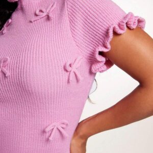 Radiana Robe pull classique à manches courtes avec col montant et décoration en nœud, de couleur unie pour femmes