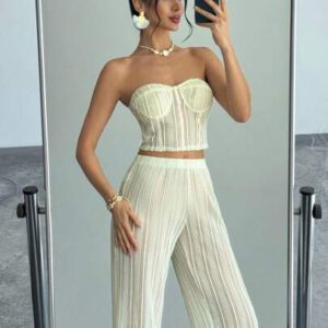 Firerie 2 pièces Ensemble : Soutien-gorge de forme sexy ajouré et pull pour femmes