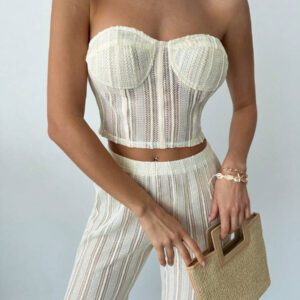 Firerie 2 pièces Ensemble : Soutien-gorge de forme sexy ajouré et pull pour femmes