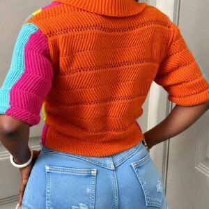 BamGleam Femmes Cardigan en tricot asymétrique à manches courtes avec boutons, col V, de style minimaliste. Couleurs contrastées orange et rose, léger et rayé. Élégant et simple.