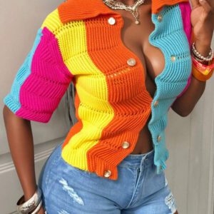 BamGleam Femmes Cardigan en tricot asymétrique à manches courtes avec boutons, col V, de style minimaliste. Couleurs contrastées orange et rose, léger et rayé. Élégant et simple.