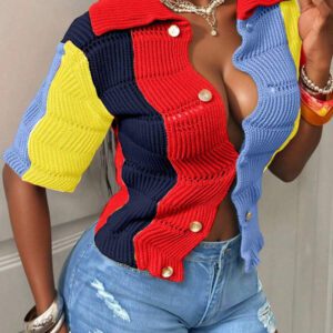 BamGleam Femmes Cardigan en tricot asymétrique à manches courtes avec boutons, col V, de style minimaliste. Couleurs contrastées orange et rose, léger et rayé. Élégant et simple.
