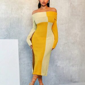 BamGleam Robe décontractée moulante à manches longues en tricot, col asymétrique, avec grand motif à carreaux jaune et marron, style blocs de couleurs asymétrique, pour l'automne/l'hiver