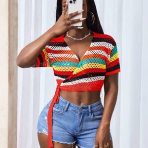 BamGleam Femmes Gilet court à manches courtes avec rayures, enveloppe nouée, à taille courte et coupe ajourée