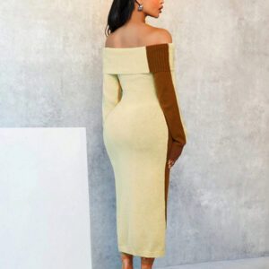 BamGleam Robe décontractée moulante à manches longues en tricot, col asymétrique, avec grand motif à carreaux jaune et marron, style blocs de couleurs asymétrique, pour l'automne/l'hiver