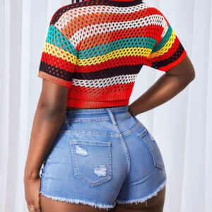 BamGleam Femmes Gilet court à manches courtes avec rayures, enveloppe nouée, à taille courte et coupe ajourée