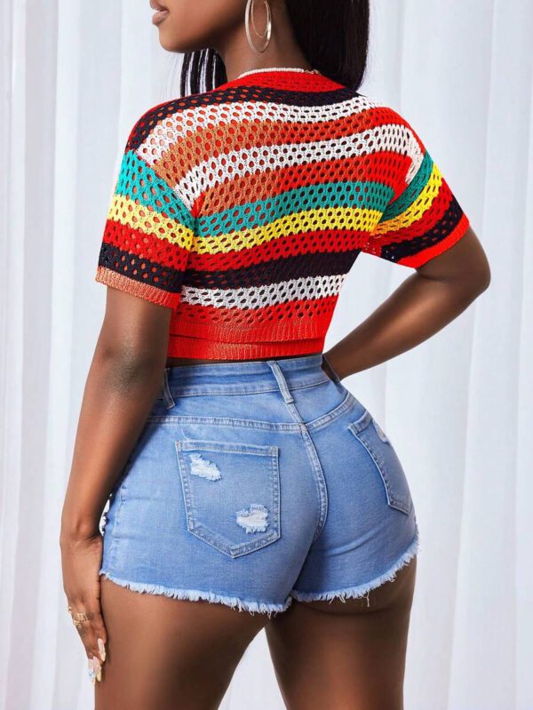 BamGleam Femmes Gilet court à manches courtes avec rayures, enveloppe nouée, à taille courte et coupe ajourée – Image 3