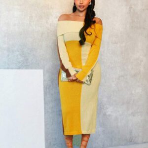 BamGleam Robe décontractée moulante à manches longues en tricot, col asymétrique, avec grand motif à carreaux jaune et marron, style blocs de couleurs asymétrique, pour l'automne/l'hiver