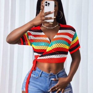 BamGleam Femmes Gilet court à manches courtes avec rayures, enveloppe nouée, à taille courte et coupe ajourée