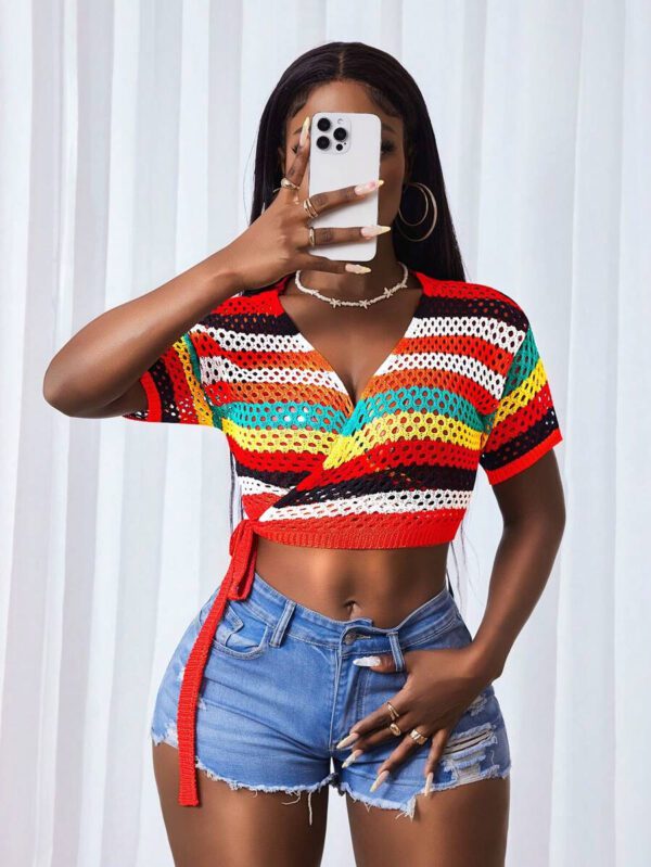 BamGleam Femmes Gilet court à manches courtes avec rayures, enveloppe nouée, à taille courte et coupe ajourée – Image 4
