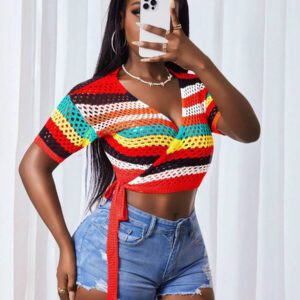 BamGleam Femmes Gilet court à manches courtes avec rayures, enveloppe nouée, à taille courte et coupe ajourée