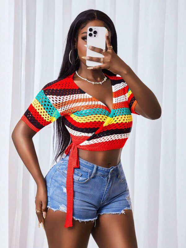 BamGleam Femmes Gilet court à manches courtes avec rayures, enveloppe nouée, à taille courte et coupe ajourée – Image 5