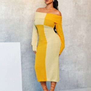 BamGleam Robe décontractée moulante à manches longues en tricot, col asymétrique, avec grand motif à carreaux jaune et marron, style blocs de couleurs asymétrique, pour l'automne/l'hiver