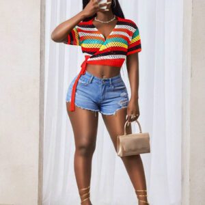BamGleam Femmes Gilet court à manches courtes avec rayures, enveloppe nouée, à taille courte et coupe ajourée