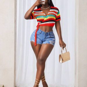 BamGleam Femmes Gilet court à manches courtes avec rayures, enveloppe nouée, à taille courte et coupe ajourée