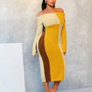 BamGleam Robe décontractée moulante à manches longues en tricot, col asymétrique, avec grand motif à carreaux jaune et marron, style blocs de couleurs asymétrique, pour l'automne/l'hiver