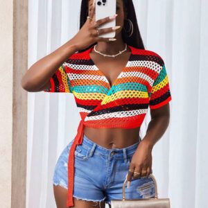 BamGleam Femmes Gilet court à manches courtes avec rayures, enveloppe nouée, à taille courte et coupe ajourée
