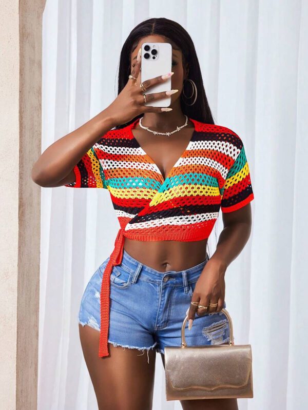 BamGleam Femmes Gilet court à manches courtes avec rayures, enveloppe nouée, à taille courte et coupe ajourée – Image 8