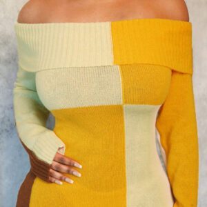 BamGleam Robe décontractée moulante à manches longues en tricot, col asymétrique, avec grand motif à carreaux jaune et marron, style blocs de couleurs asymétrique, pour l'automne/l'hiver