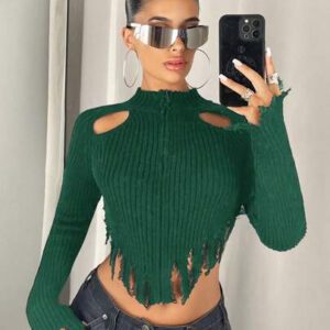SHEIN ICON Femme Cardigan asymétrique à manches longues avec col montant, fermeture éclair et effet ajouré, couleur unie