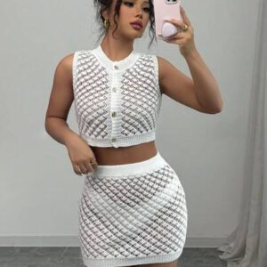 Elenzga Ensemble tricot 2 pièces à col rond ajouré pour femmes