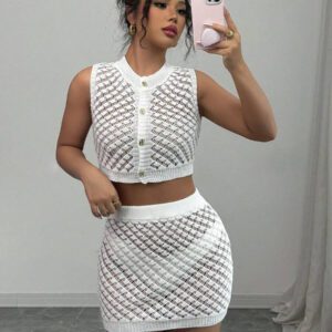 Elenzga Ensemble tricot 2 pièces à col rond ajouré pour femmes
