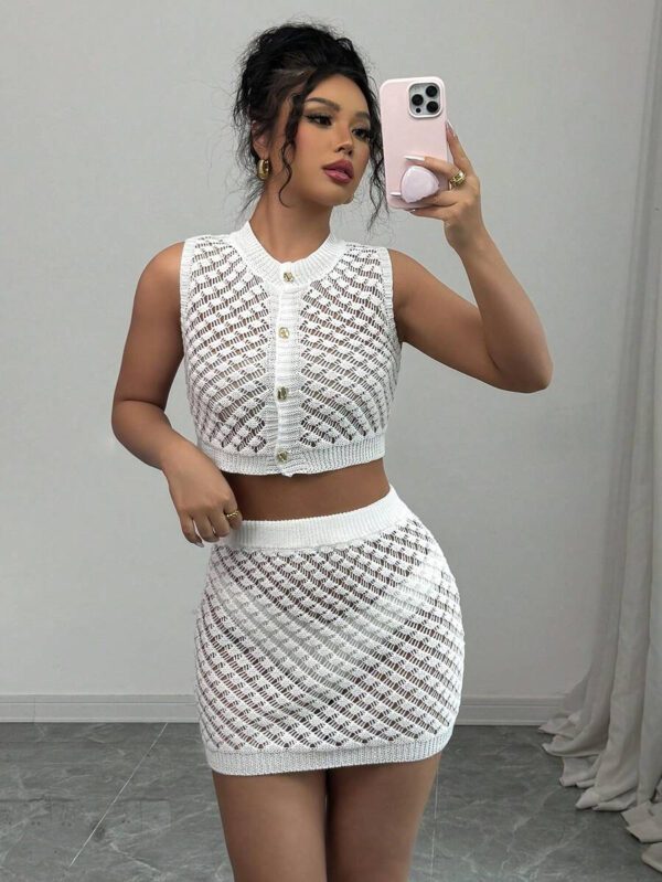 Elenzga Ensemble tricot 2 pièces à col rond ajouré pour femmes – Image 2