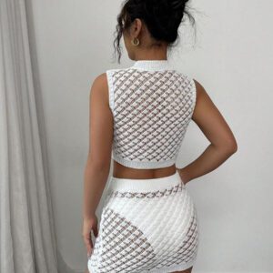 Elenzga Ensemble tricot 2 pièces à col rond ajouré pour femmes