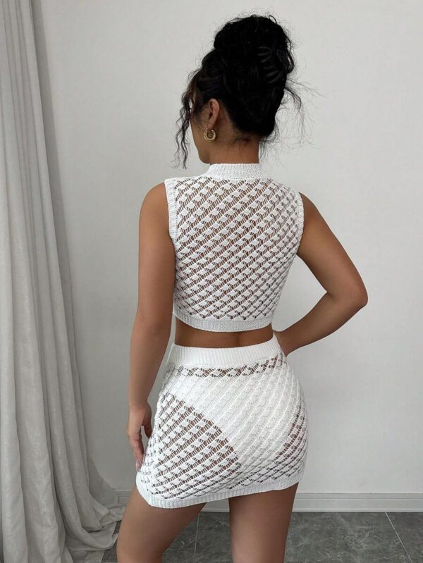 Elenzga Ensemble tricot 2 pièces à col rond ajouré pour femmes – Image 3