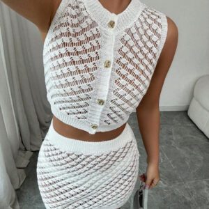 Elenzga Ensemble tricot 2 pièces à col rond ajouré pour femmes