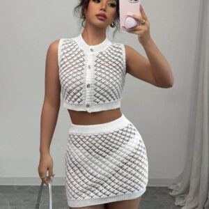 Elenzga Ensemble tricot 2 pièces à col rond ajouré pour femmes