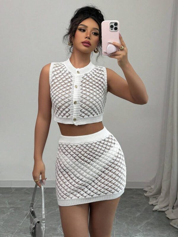 Elenzga Ensemble tricot 2 pièces à col rond ajouré pour femmes – Image 6