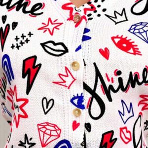 BamGleam Cardigan en tricot à col volant casual avec boutons et peinture graffiti sur manches courtes pour femme