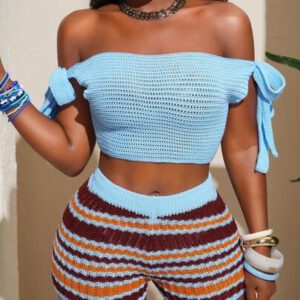 Slaydiva Ensemble 2 pièces d'été pour femmes 2025, comprenant un débardeur court bleu à épaules dénudées avec nœud papillon et des shorts en laine rayés marron, orange et blanc. Tenue de plage décontractée, idéale pour les vacances, les sorties quotidiennes ou les fêtes.