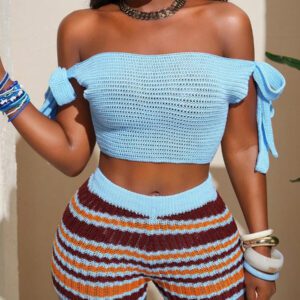 Slaydiva Ensemble 2 pièces d'été pour femmes 2025, comprenant un débardeur court bleu à épaules dénudées avec nœud papillon et des shorts en laine rayés marron, orange et blanc. Tenue de plage décontractée, idéale pour les vacances, les sorties quotidiennes ou les fêtes.