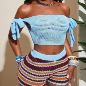Slaydiva Ensemble 2 pièces d'été pour femmes 2025, comprenant un débardeur court bleu à épaules dénudées avec nœud papillon et des shorts en laine rayés marron, orange et blanc. Tenue de plage décontractée, idéale pour les vacances, les sorties quotidiennes ou les fêtes.