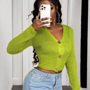 BamGleam Nouveau cardigan vert ajouré avec boutons surdimensionnés en métal, veste en tricot décontracté sexy et simple à manches longues et col en V