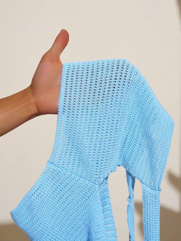 Slaydiva Ensemble 2 pièces d'été pour femmes 2025, comprenant un débardeur court bleu à épaules dénudées avec nœud papillon et des shorts en laine rayés marron, orange et blanc. Tenue de plage décontractée, idéale pour les vacances, les sorties quotidiennes ou les fêtes. – Image 7