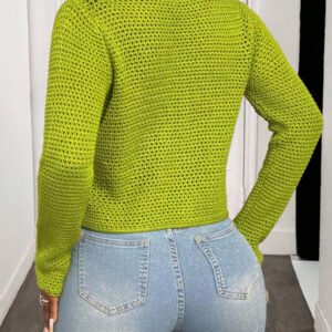 BamGleam Nouveau cardigan vert ajouré avec boutons surdimensionnés en métal, veste en tricot décontracté sexy et simple à manches longues et col en V