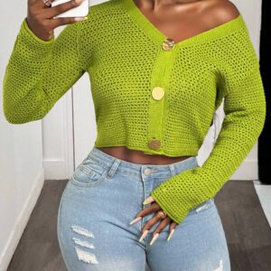 BamGleam Nouveau cardigan vert ajouré avec boutons surdimensionnés en métal, veste en tricot décontracté sexy et simple à manches longues et col en V
