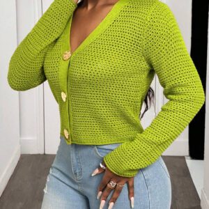 BamGleam Nouveau cardigan vert ajouré avec boutons surdimensionnés en métal, veste en tricot décontracté sexy et simple à manches longues et col en V