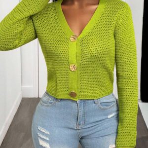 BamGleam Nouveau cardigan vert ajouré avec boutons surdimensionnés en métal, veste en tricot décontracté sexy et simple à manches longues et col en V
