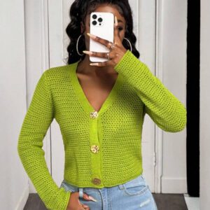 BamGleam Nouveau cardigan vert ajouré avec boutons surdimensionnés en métal, veste en tricot décontracté sexy et simple à manches longues et col en V