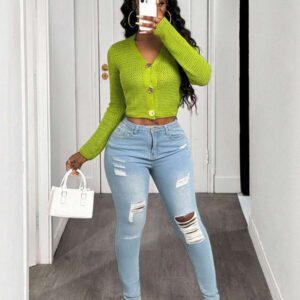 BamGleam Nouveau cardigan vert ajouré avec boutons surdimensionnés en métal, veste en tricot décontracté sexy et simple à manches longues et col en V